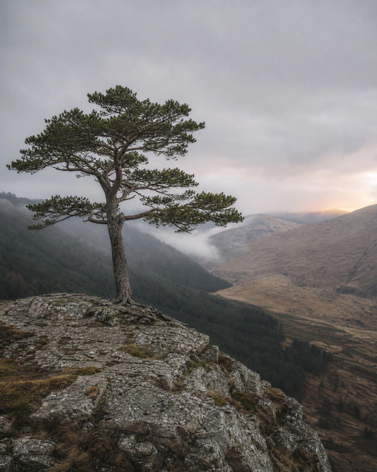 Mature pine rooted on a ridgeline between two mountain valleys